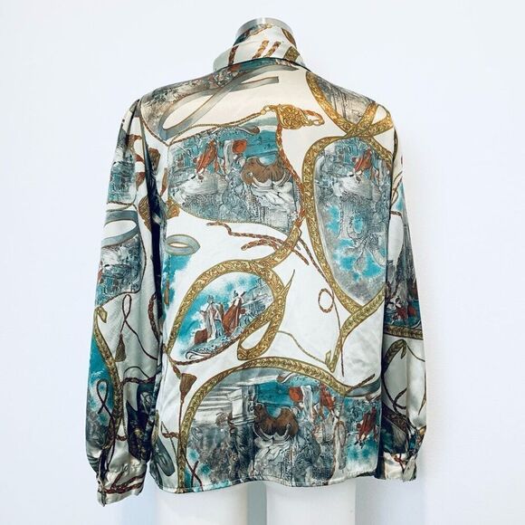 Vintage Eva Laurel Tan Satin Blouse Button Down 8 M Greek Renaissance - Picture 4 of 8